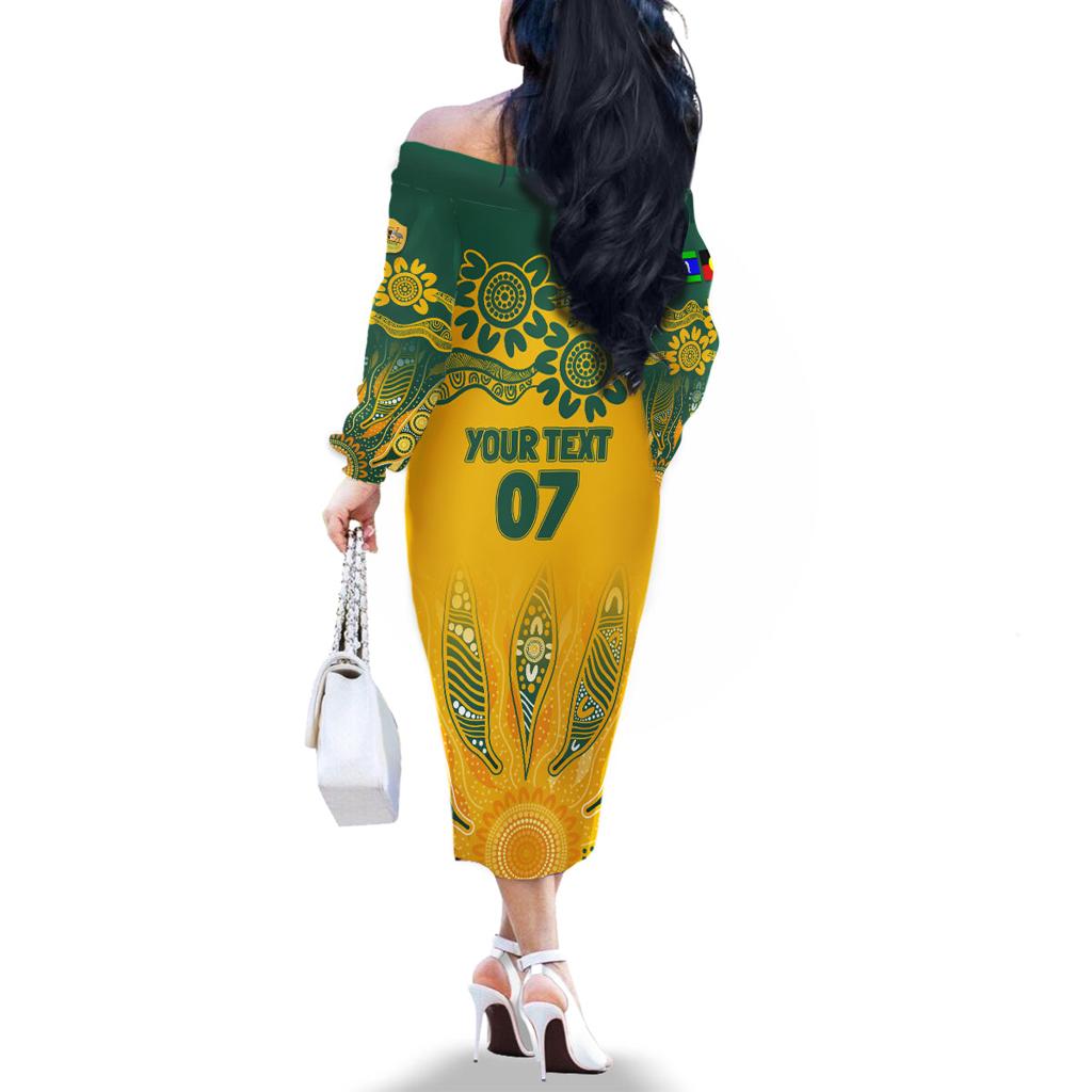 Custom Socceroos NAIDOC Week 2024 Family Matching Off Shoulder Long Sleeve Dress and Hawaiian Shirt Indigenous Burning Fire National Colors