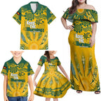 Custom Socceroos NAIDOC Week 2024 Family Matching Off Shoulder Maxi Dress and Hawaiian Shirt Indigenous Burning Fire National Colors