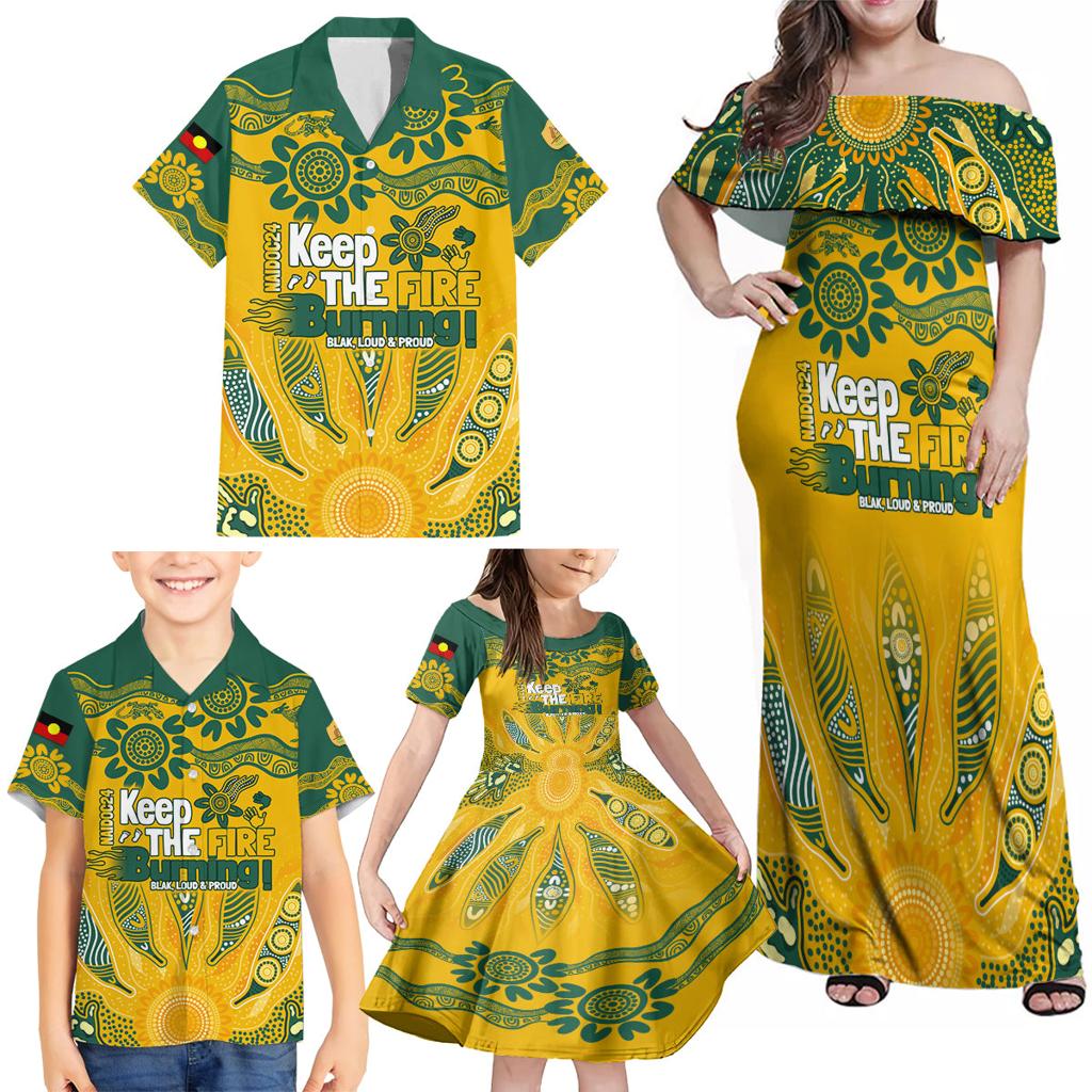 Custom Socceroos NAIDOC Week 2024 Family Matching Off Shoulder Maxi Dress and Hawaiian Shirt Indigenous Burning Fire National Colors