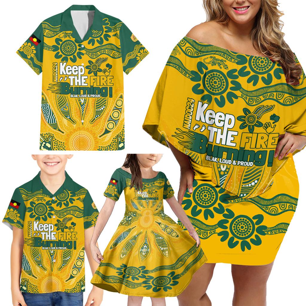 Custom Socceroos NAIDOC Week 2024 Family Matching Off Shoulder Short Dress and Hawaiian Shirt Indigenous Burning Fire National Colors