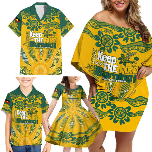 Custom Socceroos NAIDOC Week 2024 Family Matching Off Shoulder Short Dress and Hawaiian Shirt Indigenous Burning Fire National Colors