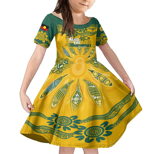 Custom Socceroos NAIDOC Week 2024 Family Matching Off Shoulder Short Dress and Hawaiian Shirt Indigenous Burning Fire National Colors