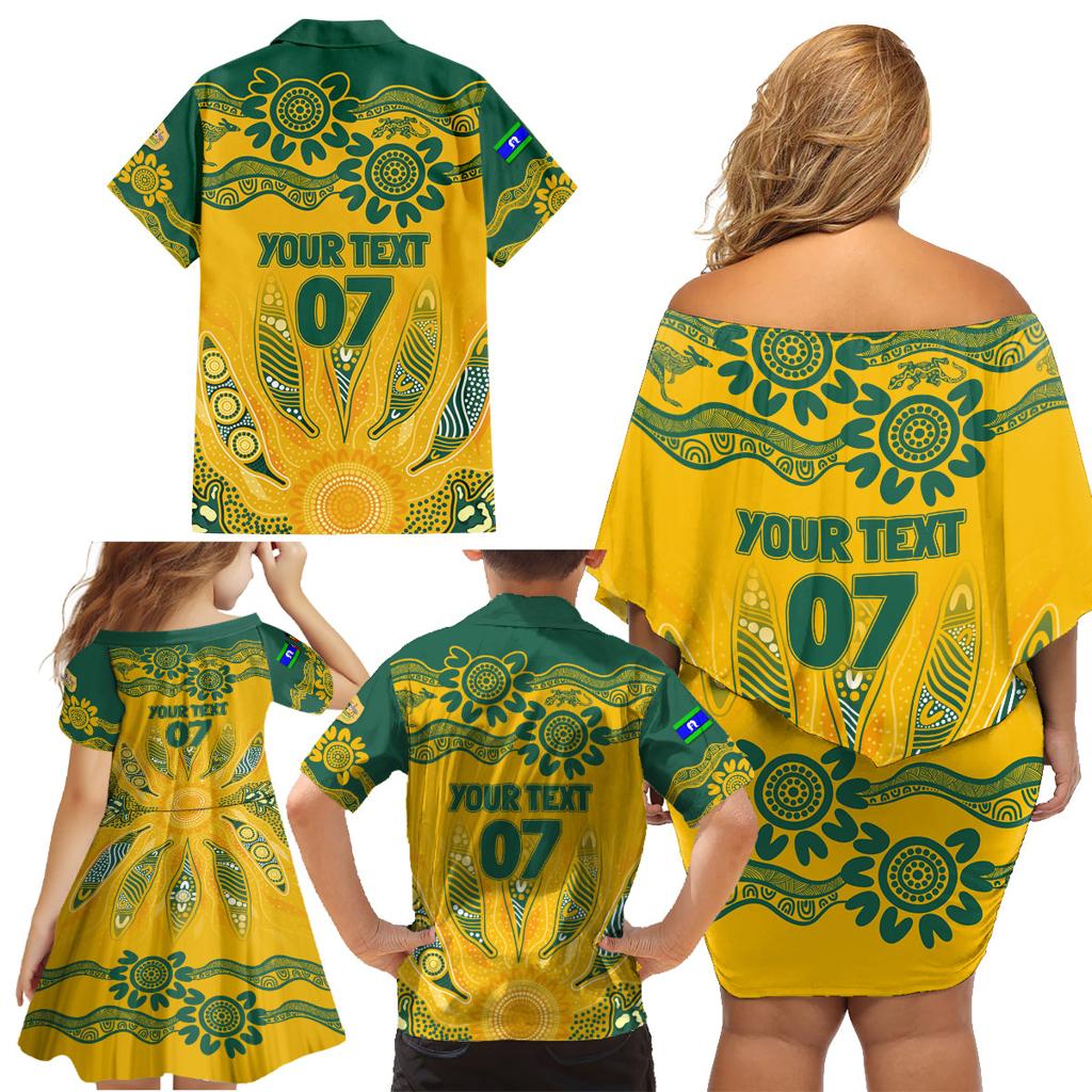 Custom Socceroos NAIDOC Week 2024 Family Matching Off Shoulder Short Dress and Hawaiian Shirt Indigenous Burning Fire National Colors