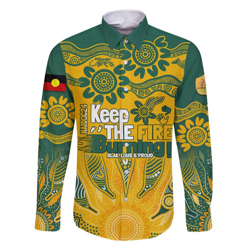 Custom Socceroos NAIDOC Week 2024 Family Matching Off Shoulder Short Dress and Hawaiian Shirt Indigenous Burning Fire National Colors