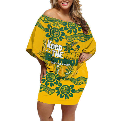 Custom Socceroos NAIDOC Week 2024 Family Matching Off Shoulder Short Dress and Hawaiian Shirt Indigenous Burning Fire National Colors