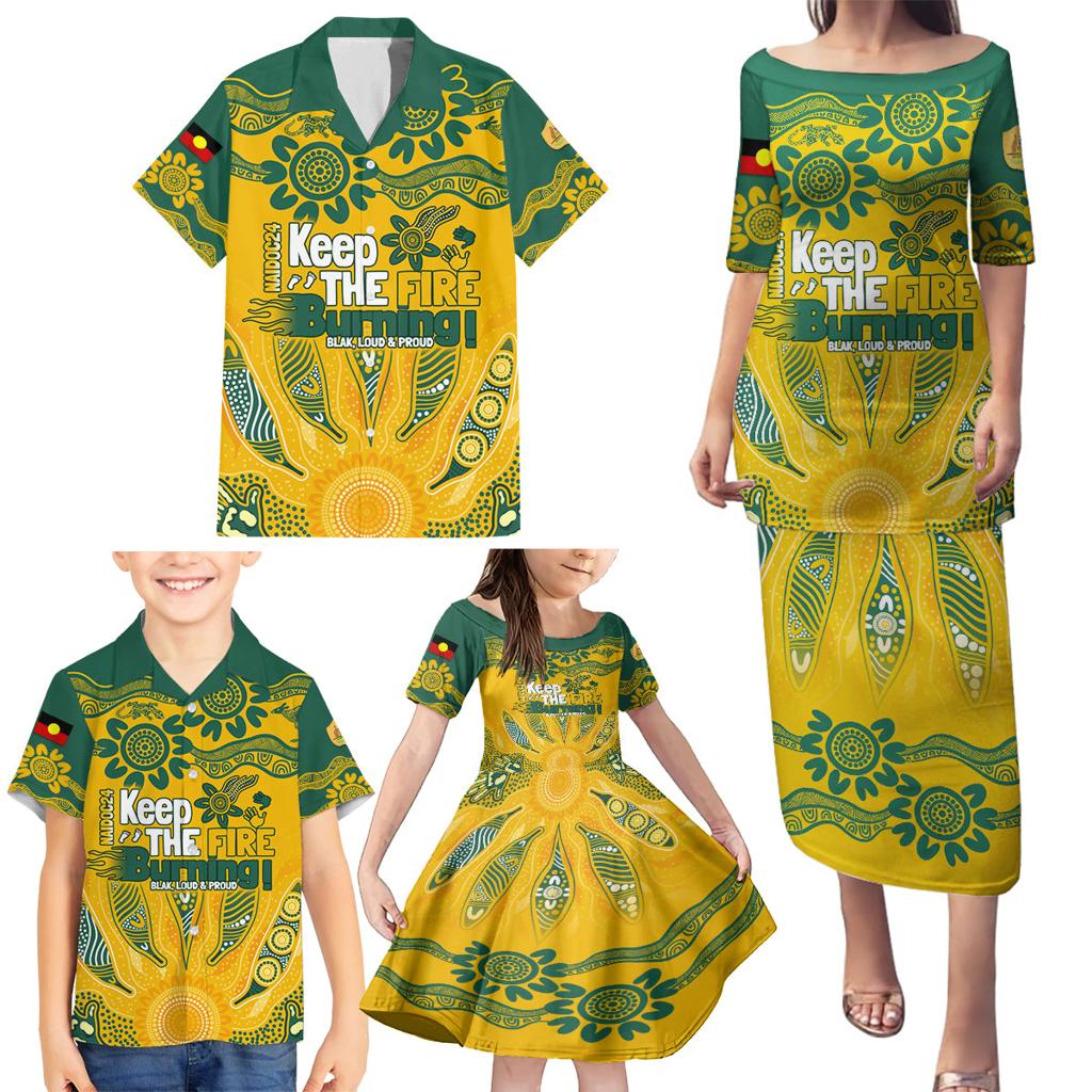 Custom Socceroos NAIDOC Week 2024 Family Matching Puletasi and Hawaiian Shirt Indigenous Burning Fire National Colors