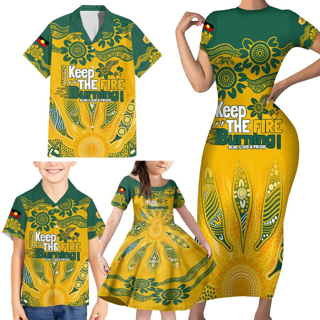 Custom Socceroos NAIDOC Week 2024 Family Matching Short Sleeve Bodycon Dress and Hawaiian Shirt Indigenous Burning Fire National Colors