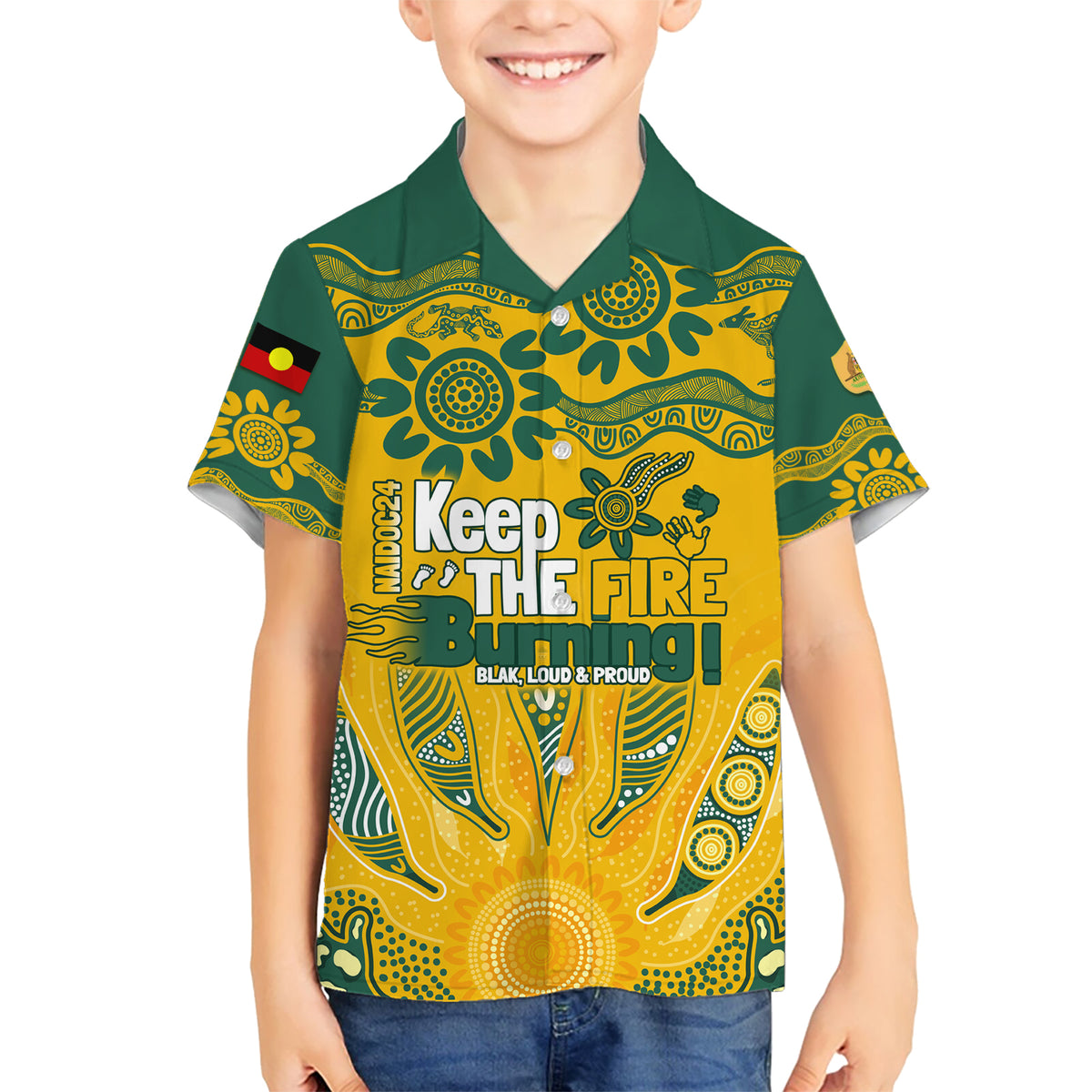 Custom Socceroos NAIDOC Week 2024 Kid Hawaiian Shirt Indigenous Burning Fire National Colors