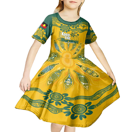 Custom Socceroos NAIDOC Week 2024 Kid Short Sleeve Dress Indigenous Burning Fire National Colors