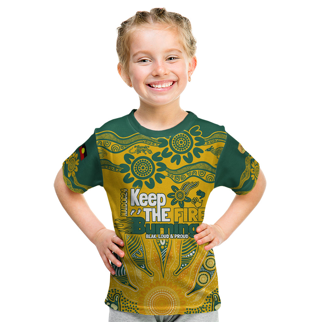 Custom Socceroos NAIDOC Week 2024 Kid T Shirt Indigenous Burning Fire National Colors