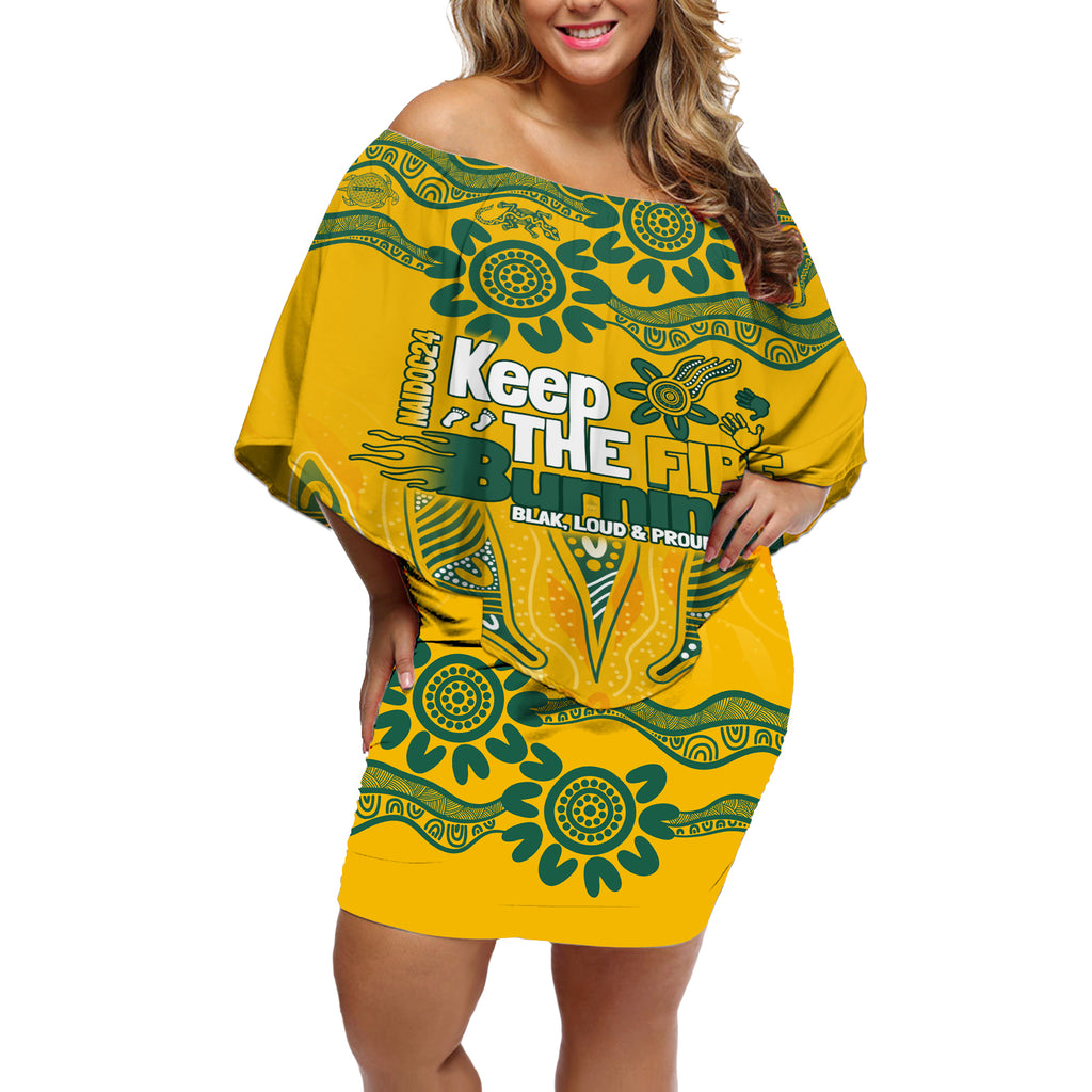 Custom Socceroos NAIDOC Week 2024 Off Shoulder Short Dress Indigenous Burning Fire National Colors