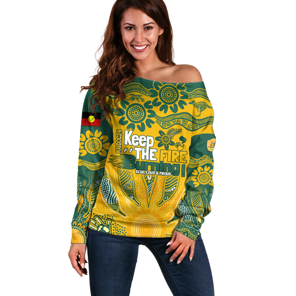 Custom Socceroos NAIDOC Week 2024 Off Shoulder Sweater Indigenous Burning Fire National Colors
