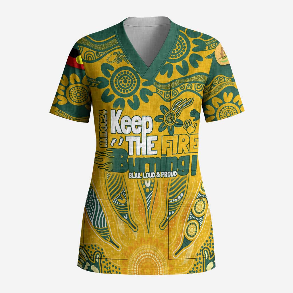 Custom Socceroos NAIDOC Week 2024 Scrub Top Indigenous Burning Fire National Colors - Aussie Hoodie