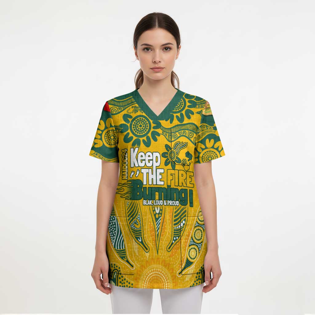Custom Socceroos NAIDOC Week 2024 Scrub Top Indigenous Burning Fire National Colors - Aussie Hoodie