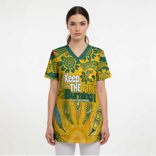 Custom Socceroos NAIDOC Week 2024 Scrub Top Indigenous Burning Fire National Colors - Aussie Hoodie