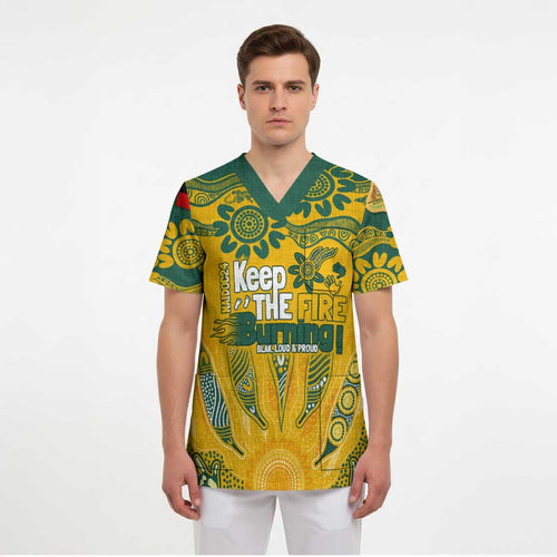 Custom Socceroos NAIDOC Week 2024 Scrub Top Indigenous Burning Fire National Colors - Aussie Hoodie