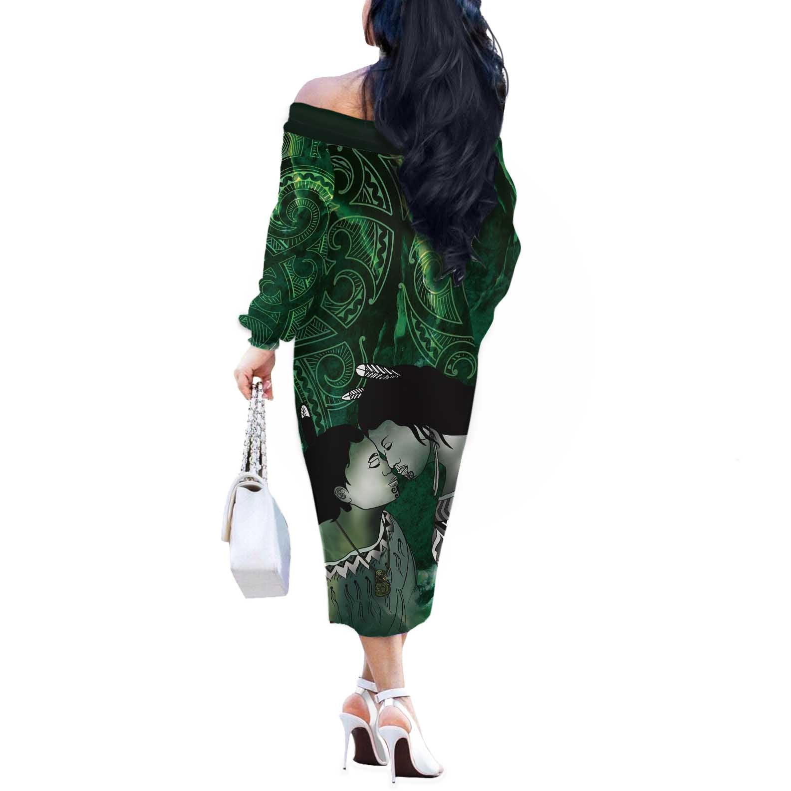 New Zealand Aroha Koe Mama Off The Shoulder Long Sleeve Dress Maori Hongi - Pounamu