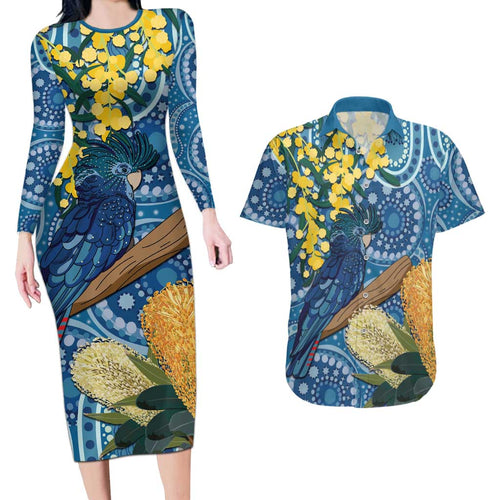 Black Cockatoo Australia Aboriginal Art Couples Matching Long Sleeve Bodycon Dress and Hawaiian Shirt NAIDOC Week - Nature Lovers