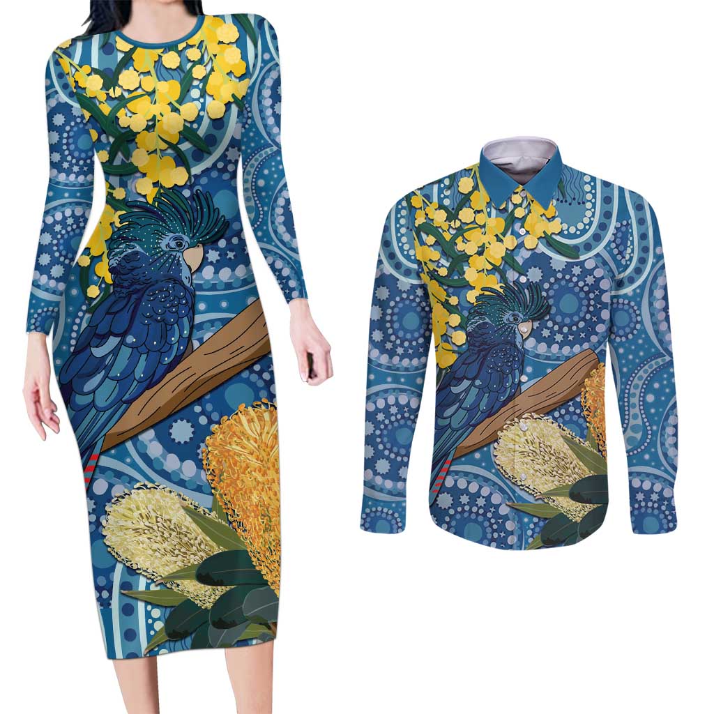 Black Cockatoo Australia Aboriginal Art Couples Matching Long Sleeve Bodycon Dress and Long Sleeve Button Shirt NAIDOC Week - Nature Lovers