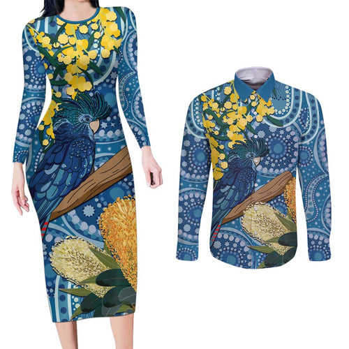 Black Cockatoo Australia Aboriginal Art Couples Matching Long Sleeve Bodycon Dress and Long Sleeve Button Shirt NAIDOC Week - Nature Lovers
