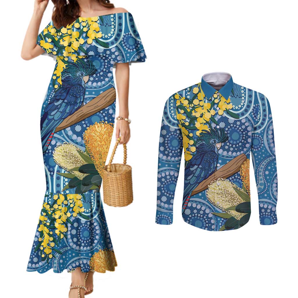 Black Cockatoo Australia Aboriginal Art Couples Matching Mermaid Dress and Long Sleeve Button Shirt NAIDOC Week - Nature Lovers