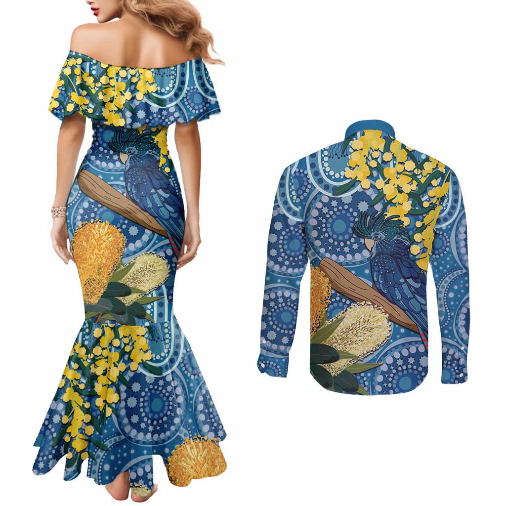 Black Cockatoo Australia Aboriginal Art Couples Matching Mermaid Dress and Long Sleeve Button Shirt NAIDOC Week - Nature Lovers