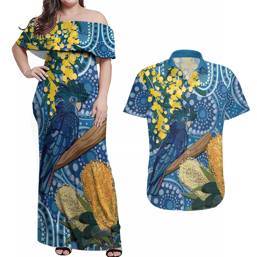 Black Cockatoo Australia Aboriginal Art Couples Matching Off Shoulder Maxi Dress and Hawaiian Shirt NAIDOC Week - Nature Lovers