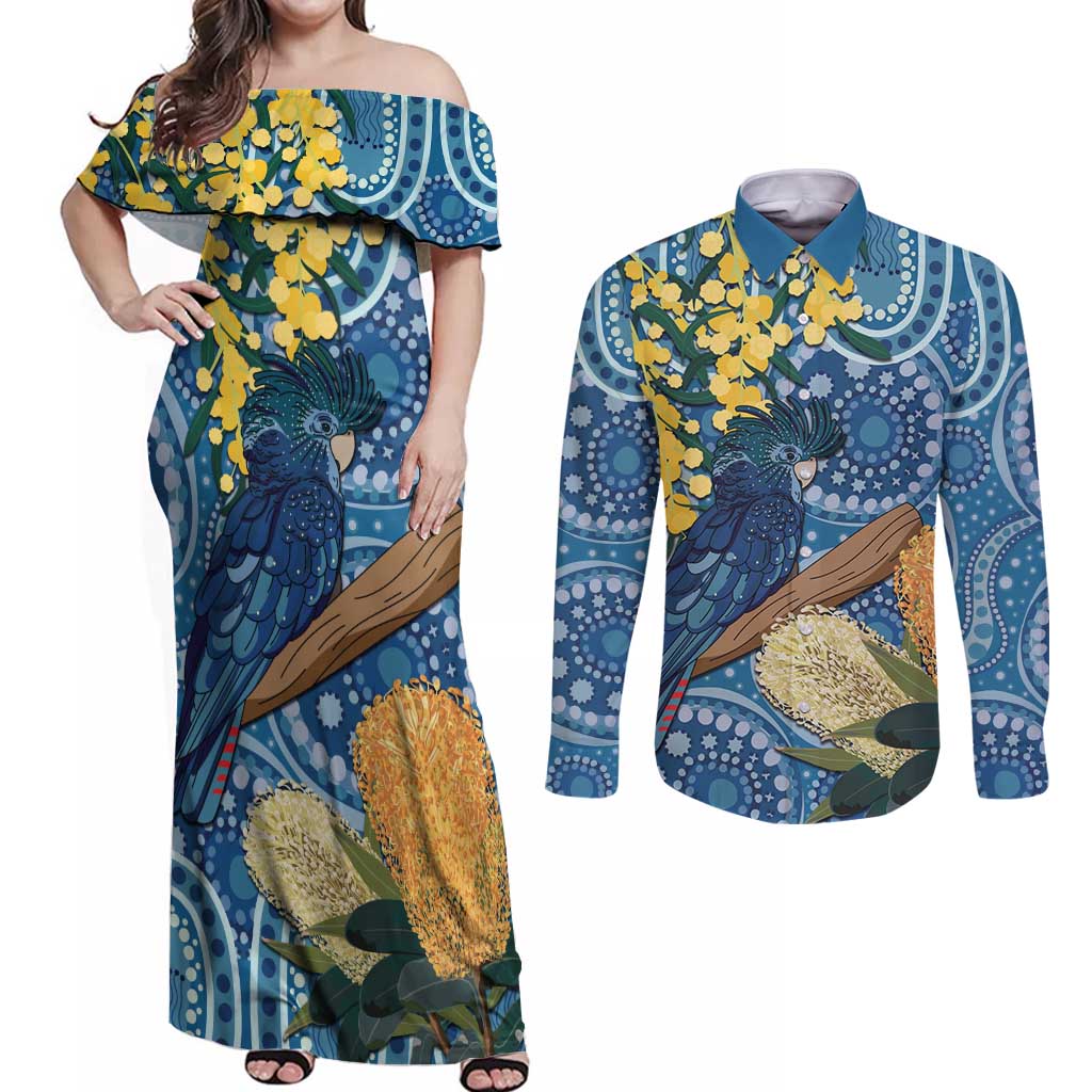 Black Cockatoo Australia Aboriginal Art Couples Matching Off Shoulder Maxi Dress and Long Sleeve Button Shirt NAIDOC Week - Nature Lovers