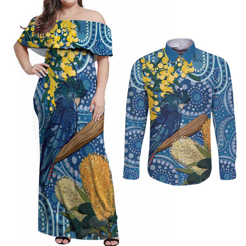 Black Cockatoo Australia Aboriginal Art Couples Matching Off Shoulder Maxi Dress and Long Sleeve Button Shirt NAIDOC Week - Nature Lovers