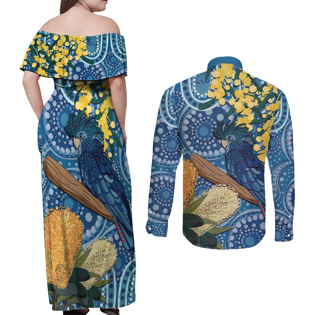 Black Cockatoo Australia Aboriginal Art Couples Matching Off Shoulder Maxi Dress and Long Sleeve Button Shirt NAIDOC Week - Nature Lovers