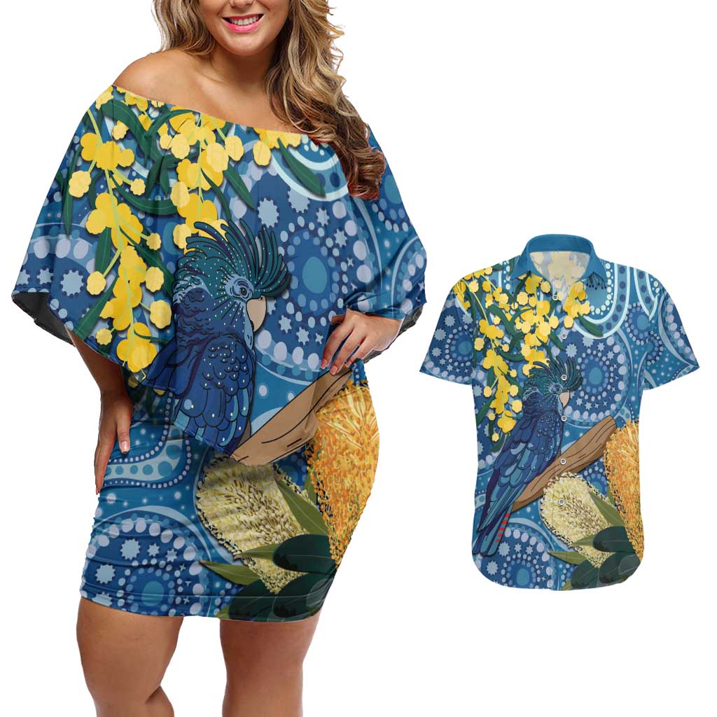 Black Cockatoo Australia Aboriginal Art Couples Matching Off Shoulder Short Dress and Hawaiian Shirt NAIDOC Week - Nature Lovers