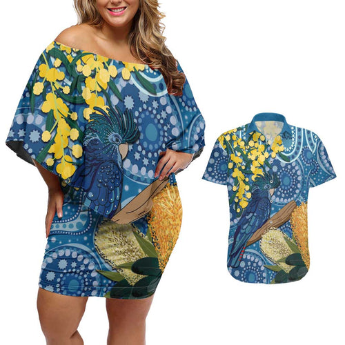 Black Cockatoo Australia Aboriginal Art Couples Matching Off Shoulder Short Dress and Hawaiian Shirt NAIDOC Week - Nature Lovers