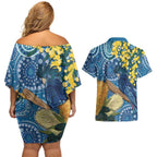 Black Cockatoo Australia Aboriginal Art Couples Matching Off Shoulder Short Dress and Hawaiian Shirt NAIDOC Week - Nature Lovers
