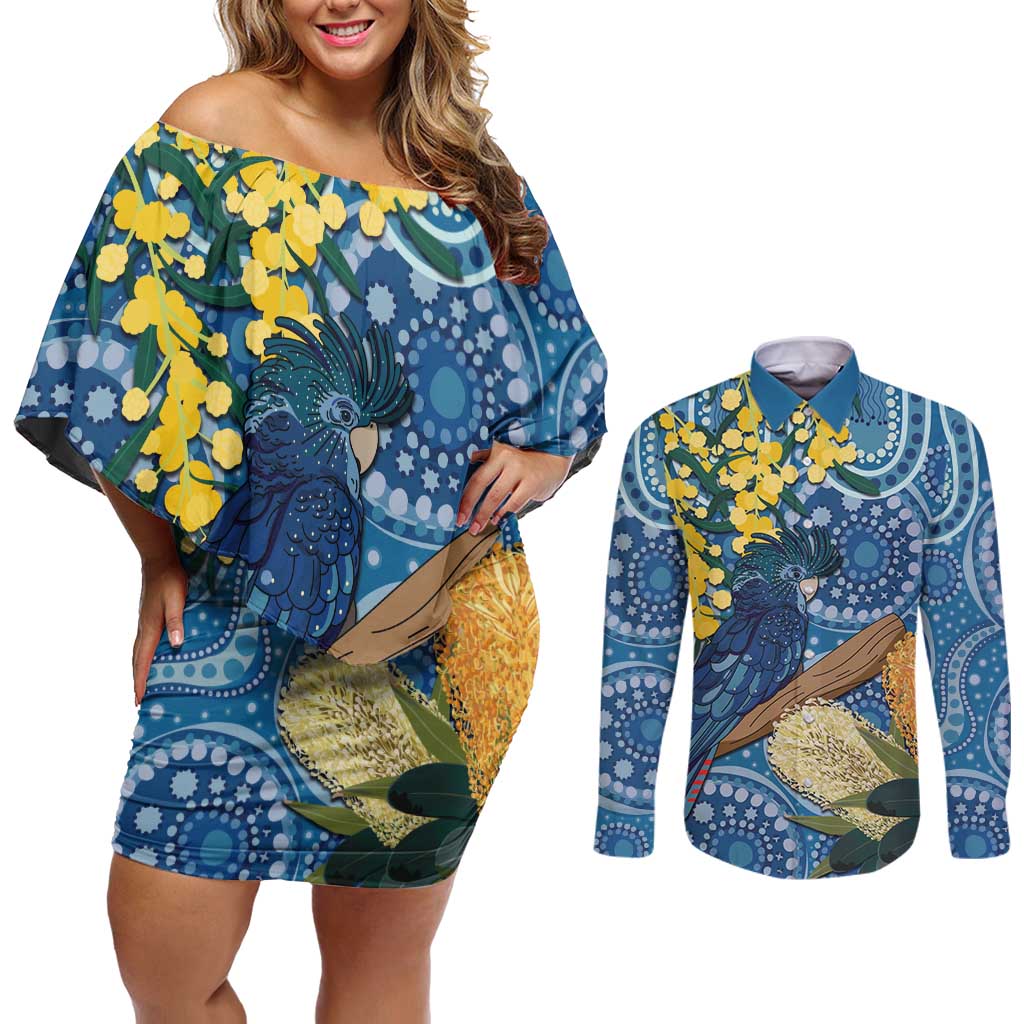 Black Cockatoo Australia Aboriginal Art Couples Matching Off Shoulder Short Dress and Long Sleeve Button Shirt NAIDOC Week - Nature Lovers