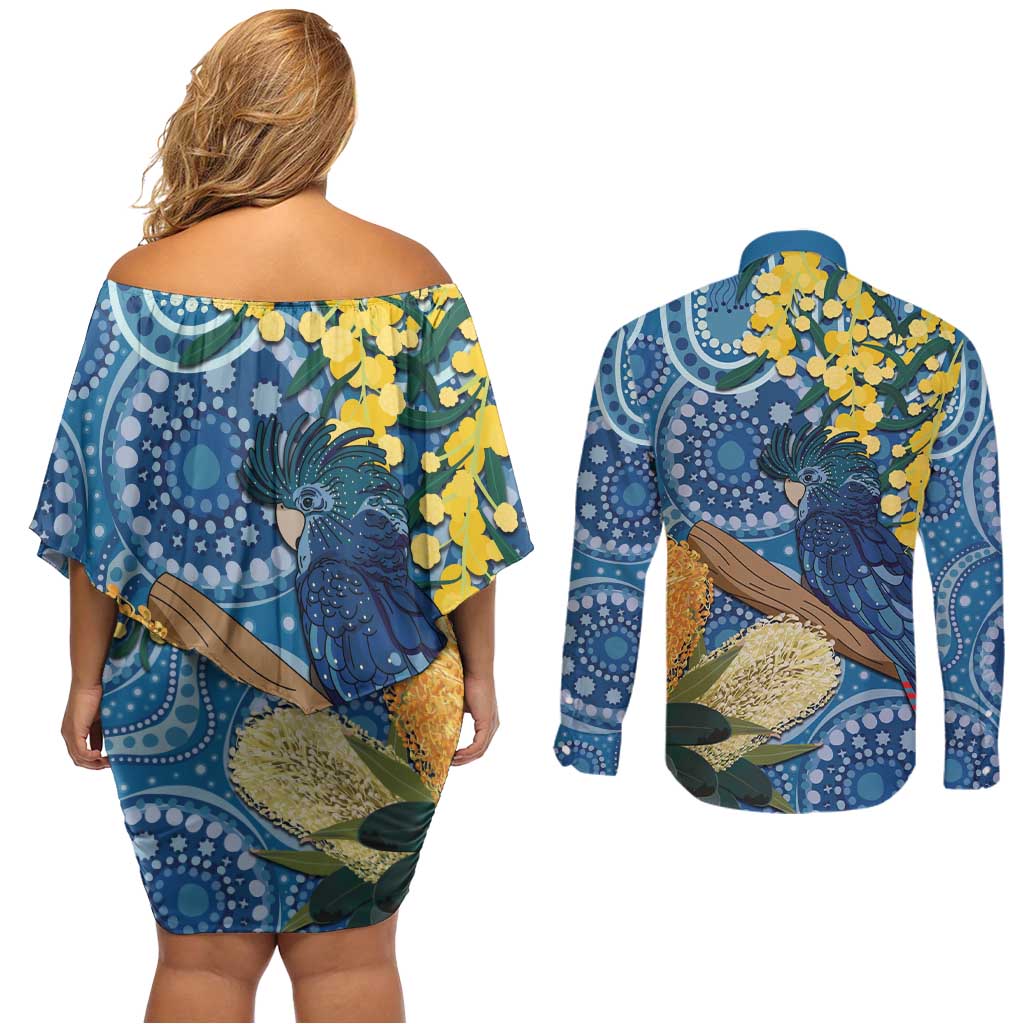 Black Cockatoo Australia Aboriginal Art Couples Matching Off Shoulder Short Dress and Long Sleeve Button Shirt NAIDOC Week - Nature Lovers