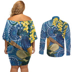 Black Cockatoo Australia Aboriginal Art Couples Matching Off Shoulder Short Dress and Long Sleeve Button Shirt NAIDOC Week - Nature Lovers