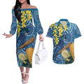 Black Cockatoo Australia Aboriginal Art Couples Matching Off The Shoulder Long Sleeve Dress and Hawaiian Shirt NAIDOC Week - Nature Lovers