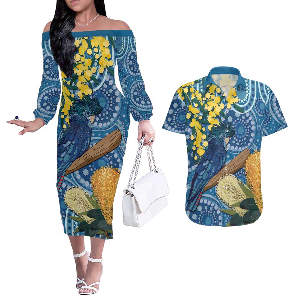 Black Cockatoo Australia Aboriginal Art Couples Matching Off The Shoulder Long Sleeve Dress and Hawaiian Shirt NAIDOC Week - Nature Lovers