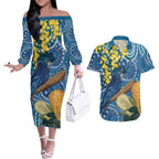 Black Cockatoo Australia Aboriginal Art Couples Matching Off The Shoulder Long Sleeve Dress and Hawaiian Shirt NAIDOC Week - Nature Lovers