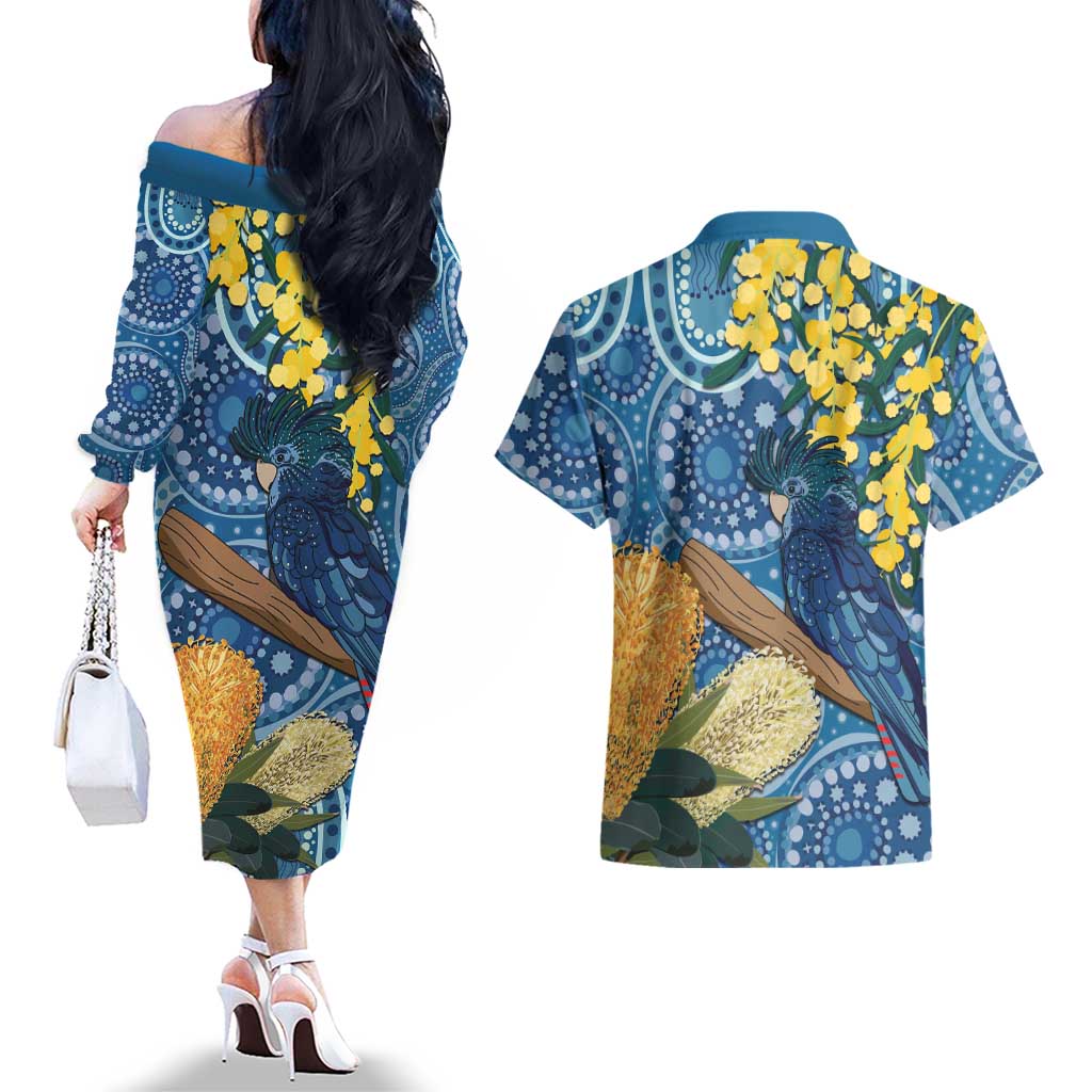 Black Cockatoo Australia Aboriginal Art Couples Matching Off The Shoulder Long Sleeve Dress and Hawaiian Shirt NAIDOC Week - Nature Lovers