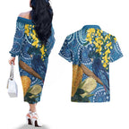 Black Cockatoo Australia Aboriginal Art Couples Matching Off The Shoulder Long Sleeve Dress and Hawaiian Shirt NAIDOC Week - Nature Lovers