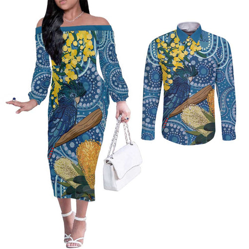 Black Cockatoo Australia Aboriginal Art Couples Matching Off The Shoulder Long Sleeve Dress and Long Sleeve Button Shirt NAIDOC Week - Nature Lovers