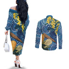 Black Cockatoo Australia Aboriginal Art Couples Matching Off The Shoulder Long Sleeve Dress and Long Sleeve Button Shirt NAIDOC Week - Nature Lovers