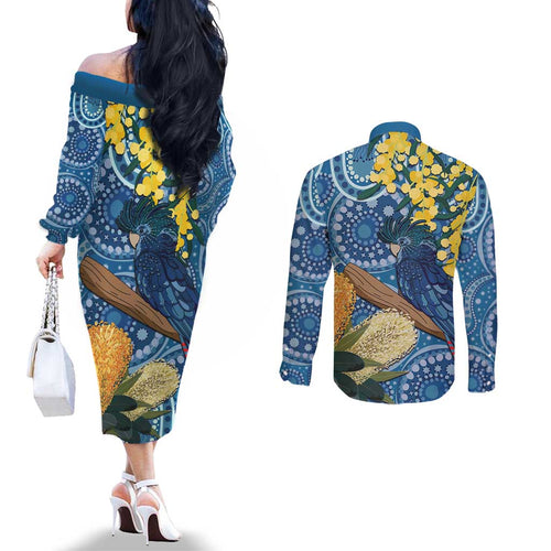 Black Cockatoo Australia Aboriginal Art Couples Matching Off The Shoulder Long Sleeve Dress and Long Sleeve Button Shirt NAIDOC Week - Nature Lovers