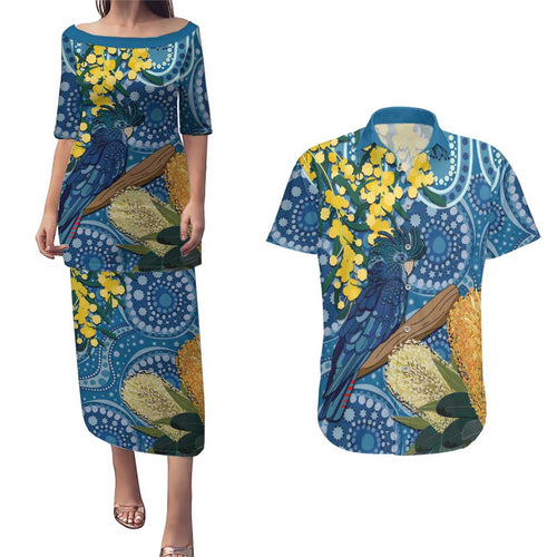 Black Cockatoo Australia Aboriginal Art Couples Matching Puletasi and Hawaiian Shirt NAIDOC Week - Nature Lovers