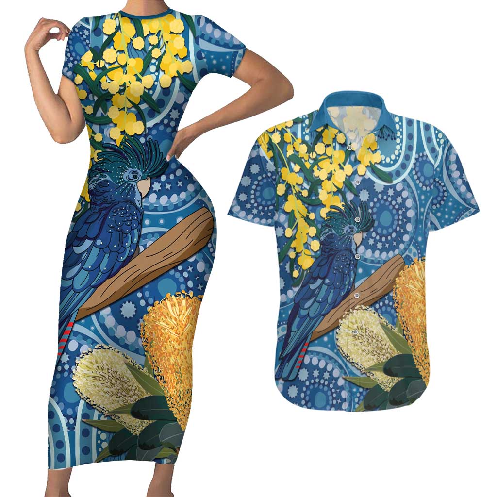 Black Cockatoo Australia Aboriginal Art Couples Matching Short Sleeve Bodycon Dress and Hawaiian Shirt NAIDOC Week - Nature Lovers