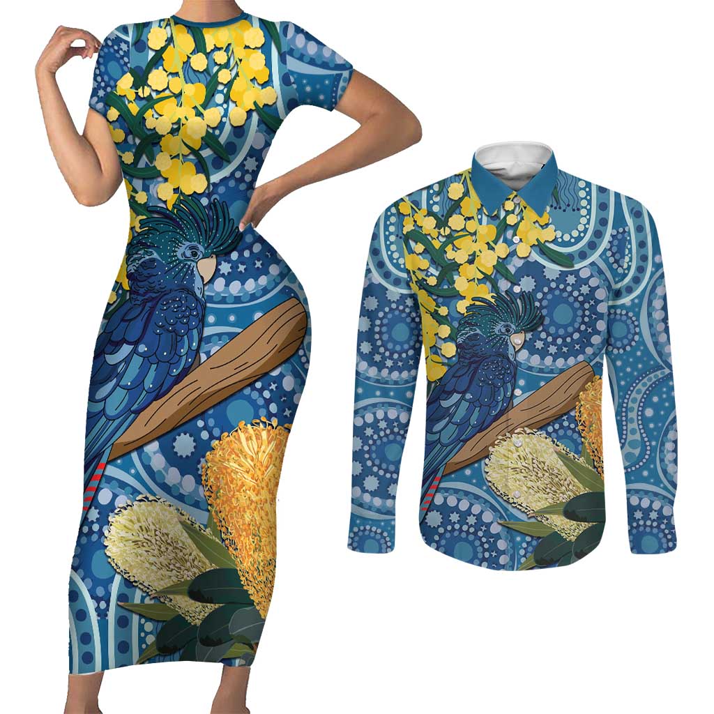 Black Cockatoo Australia Aboriginal Art Couples Matching Short Sleeve Bodycon Dress and Long Sleeve Button Shirt NAIDOC Week - Nature Lovers