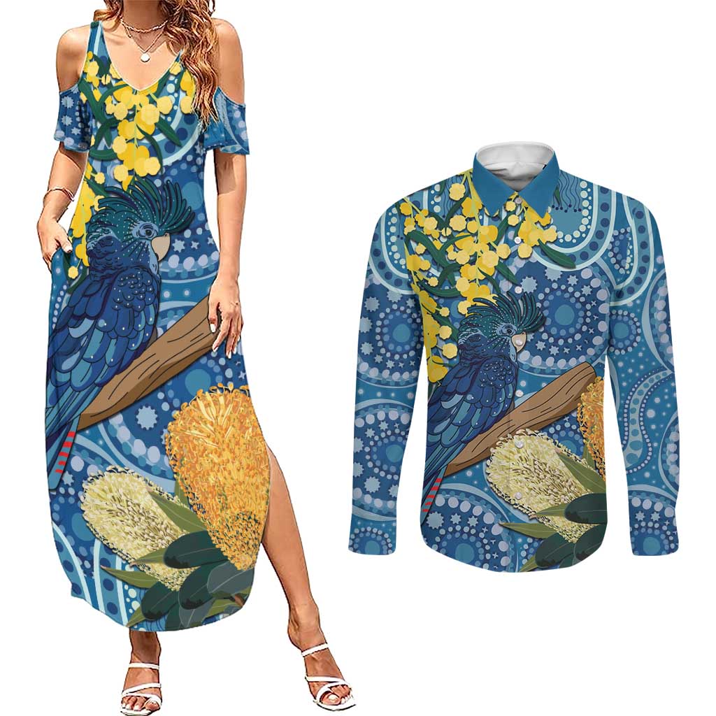 Black Cockatoo Australia Aboriginal Art Couples Matching Summer Maxi Dress and Long Sleeve Button Shirt NAIDOC Week - Nature Lovers