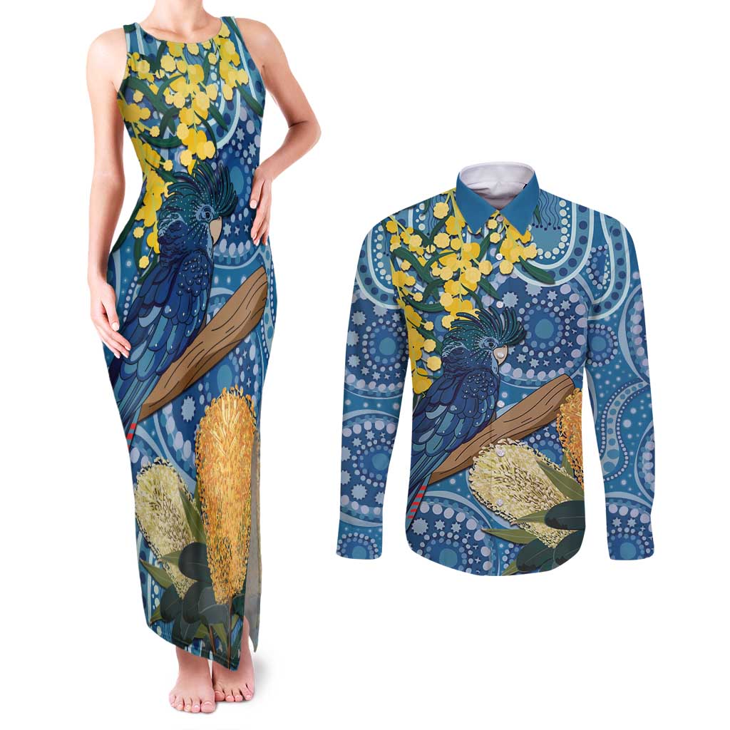 Black Cockatoo Australia Aboriginal Art Couples Matching Tank Maxi Dress and Long Sleeve Button Shirt NAIDOC Week - Nature Lovers