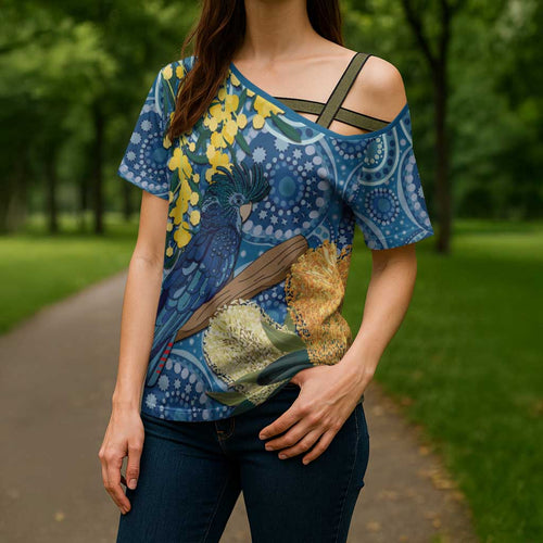 Black Cockatoo Australia Aboriginal Art Cross Shoulder Shirt NAIDOC Week - Nature Lovers